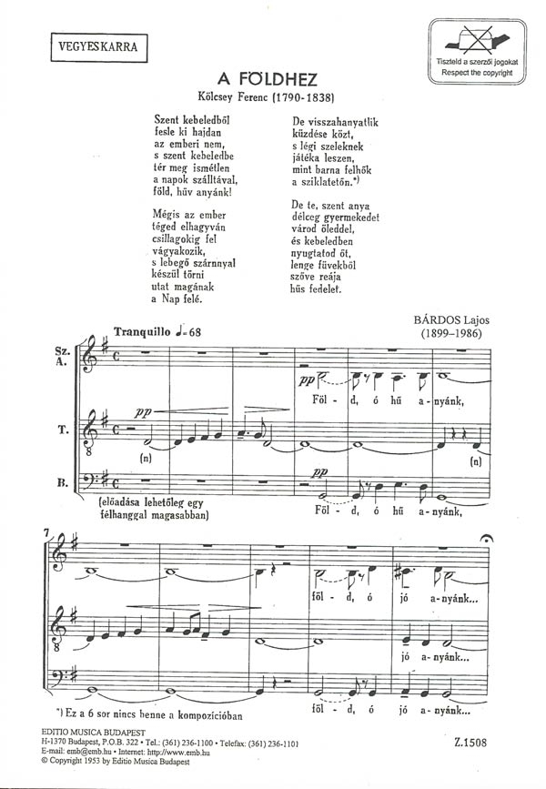 Bárdos Lajos A földhez&nbsp;&nbsp;&nbsp;&nbsp;Mixed Voices