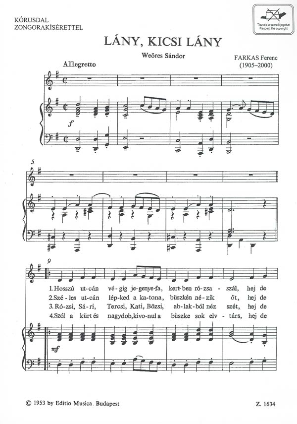 Farkas Ferenc Lány, kicsi lány...&nbsp;&nbsp;&nbsp;&nbsp;Upper Voices and Accompaniment