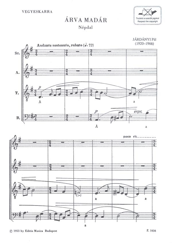Járdányi Pál Árva madár. Folksong&nbsp;&nbsp;&nbsp;&nbsp;Mixed Voices