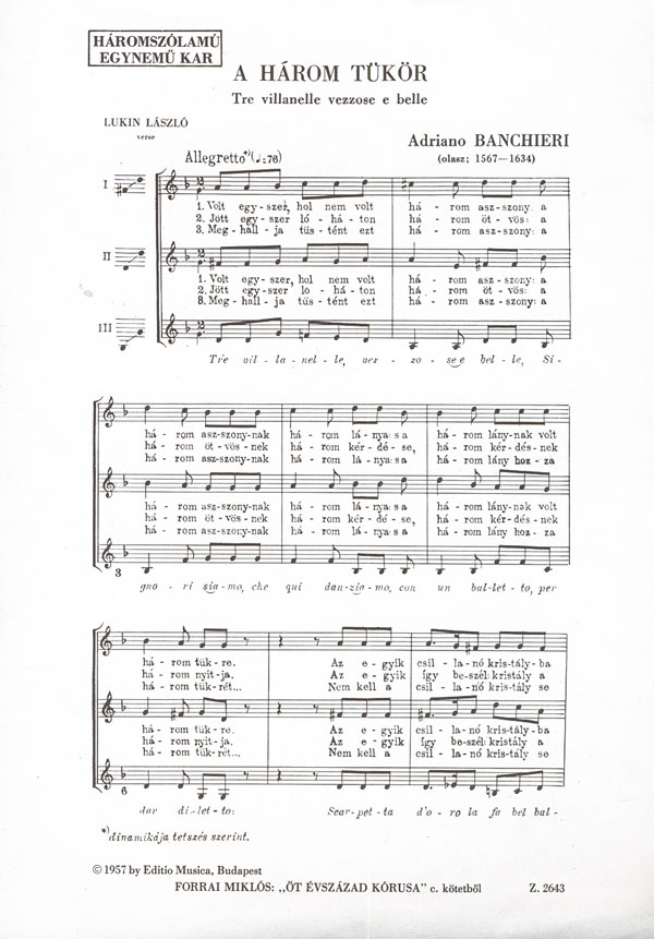 Banchieri, Adriano Tre villanelle vezzose e belle&nbsp;&nbsp;&nbsp;&nbsp;Upper Voices