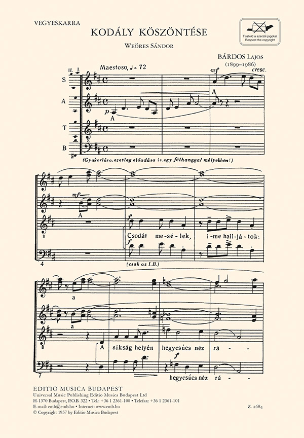 Bárdos Lajos&nbsp;&nbsp;Kodaly koszontese&nbsp;&nbsp;SATB