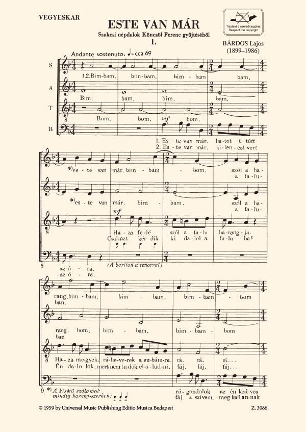 Bárdos Lajos Este van már&nbsp;&nbsp;Folksongs from F. Könczöl's collection&nbsp;&nbsp;Mixed Voices