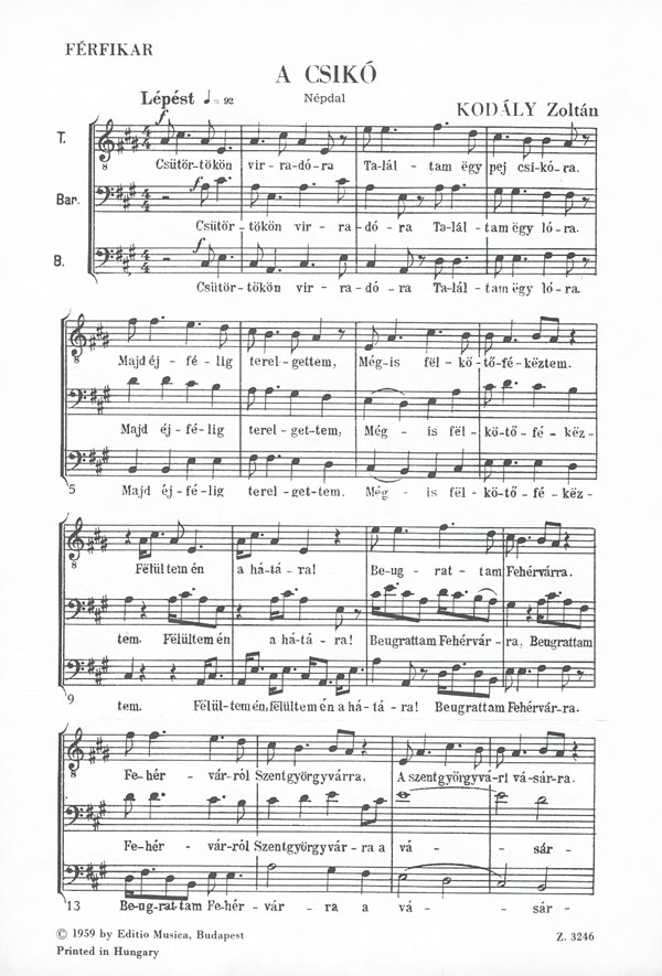 Kodály Zoltán The Filly&nbsp;&nbsp;&nbsp;&nbsp;Lower Voices