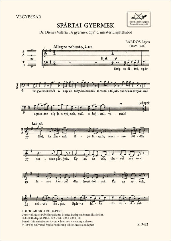 Bárdos Lajos Spártai gyermek. From the mystery-play A gyermek útja'&nbsp;&nbsp;&nbsp;&nbsp;Mixed Voices