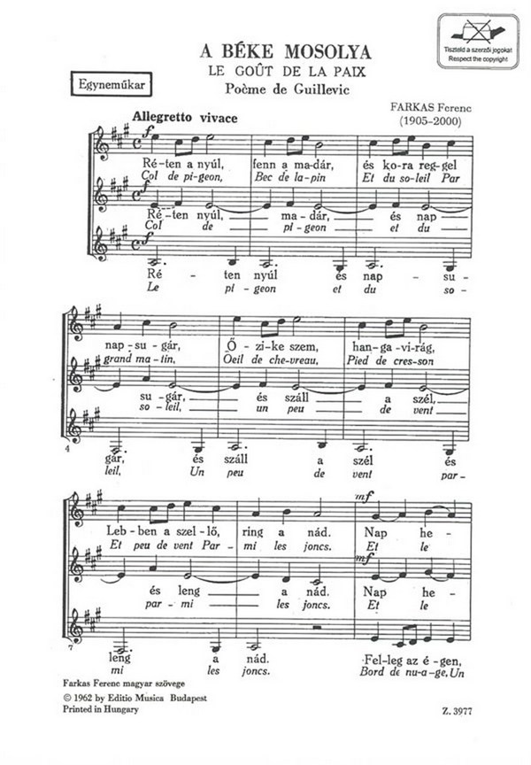 A béke mosolya (Le Gout de la Paix)  for upper voices a cappella  score (un/fr)