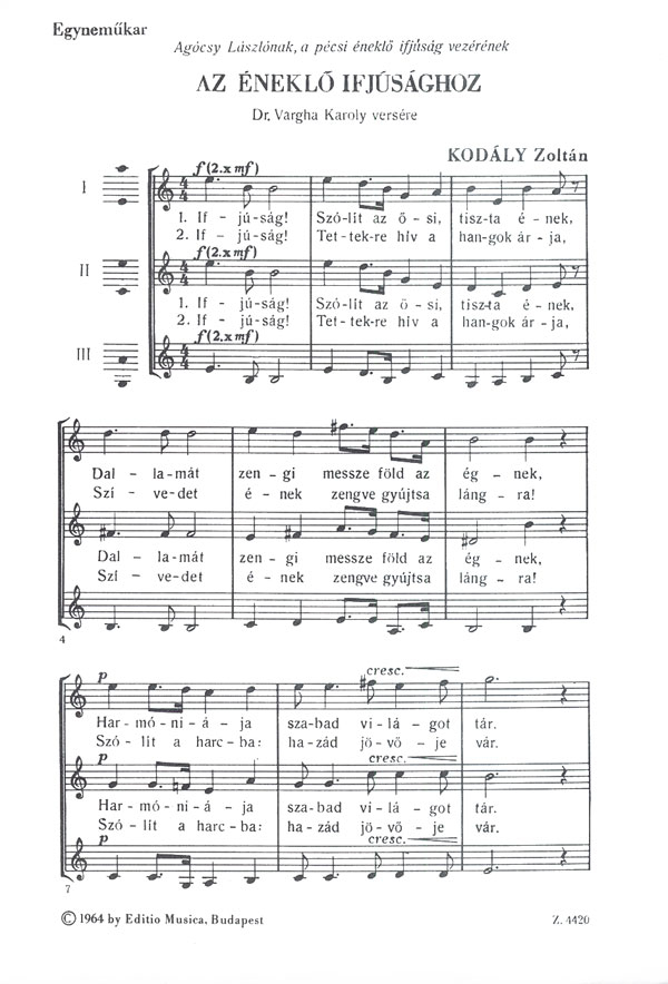 Kodály Zoltán To the Singing Youth&nbsp;&nbsp;&nbsp;&nbsp;Upper Voices