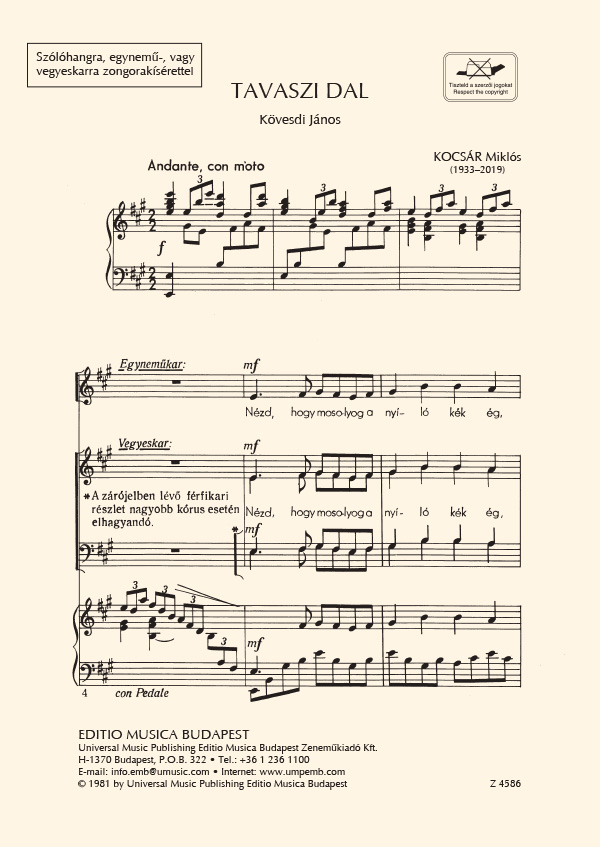 Kocsár Miklós Spring Song&nbsp;&nbsp;&nbsp;&nbsp;Upper Voices or Mixed Voices and Accompaniment