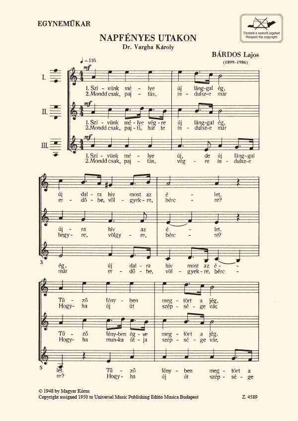 Bárdos Lajos Napfényes utakon&nbsp;&nbsp;&nbsp;&nbsp;Upper Voices