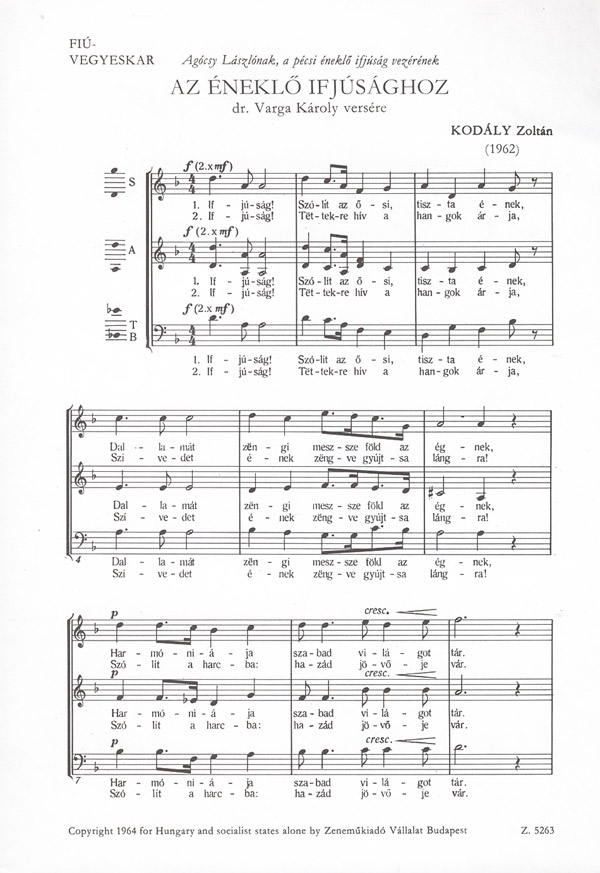 Kodály Zoltán To the Singing Youth&nbsp;&nbsp;&nbsp;&nbsp;Mixed Voices