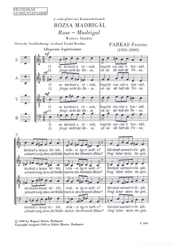 Ferenc Farkas&nbsp;&nbsp;Rose-Madrigal&nbsp;&nbsp;Mixed Voices