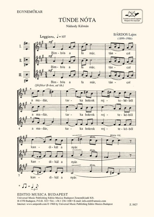 Bárdos Lajos Tünde nóta&nbsp;&nbsp;&nbsp;&nbsp;Upper Voices