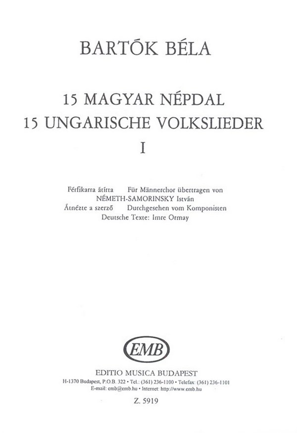 15 ungarische Volkslieder Band 1  für Männerchor a cappella  Chorpartitur (ung/dt)