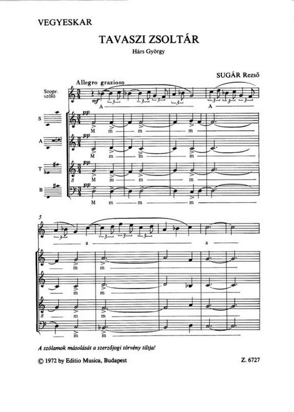 Sugár Rezsö Tavaszi zsoltár&nbsp;&nbsp;for sopran solo and mixed voices&nbsp;&nbsp;Mixed Voices