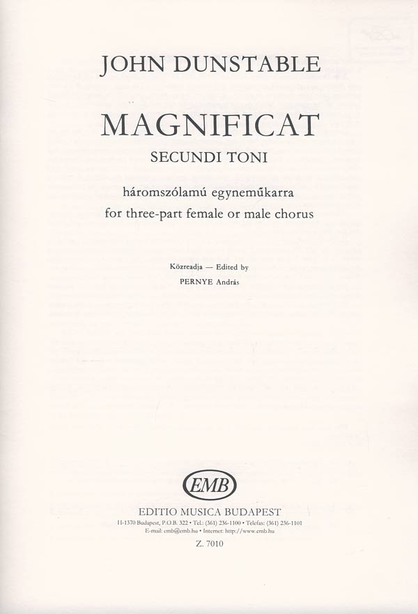 John Dunstable&nbsp;&nbsp;Magnificat Secundi Toni  Für Dreistimmige Frauen-&nbsp;&nbsp;Upper Voices or Mixed Voices
