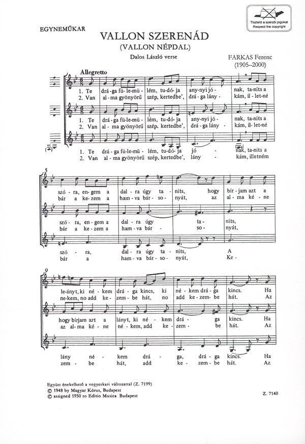 Farkas Ferenc Sérénade Wallone / Aubade&nbsp;&nbsp;&nbsp;&nbsp;Upper Voices