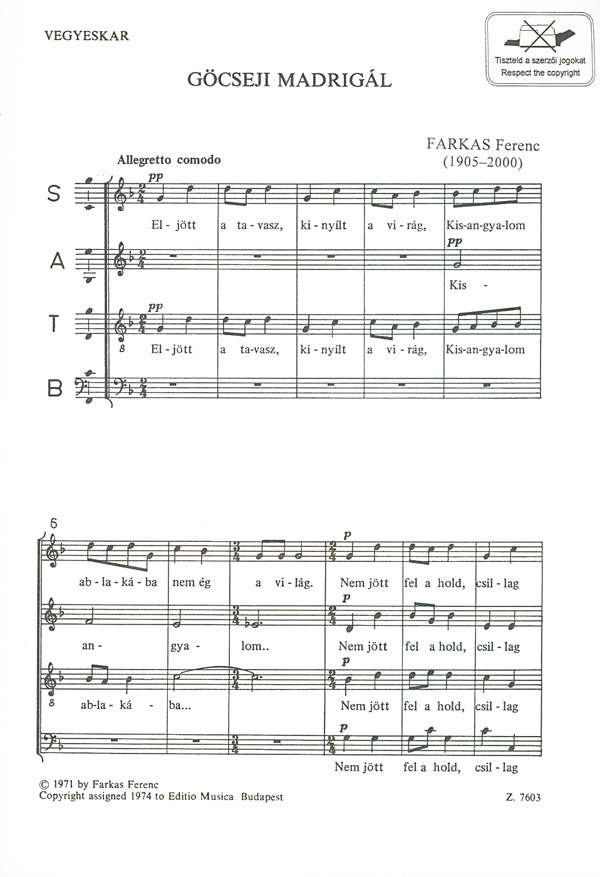 Farkas Ferenc Madrigal from Göcsej&nbsp;&nbsp;&nbsp;&nbsp;Mixed Voices