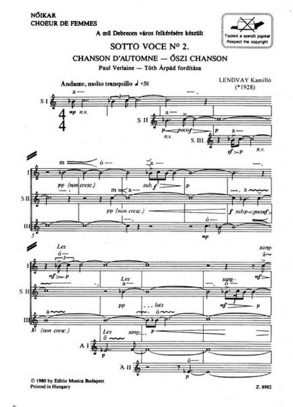 Lendvay Kamilló Sotto voce No.2&nbsp;&nbsp;Chanson d'automne&nbsp;&nbsp;Upper Voices