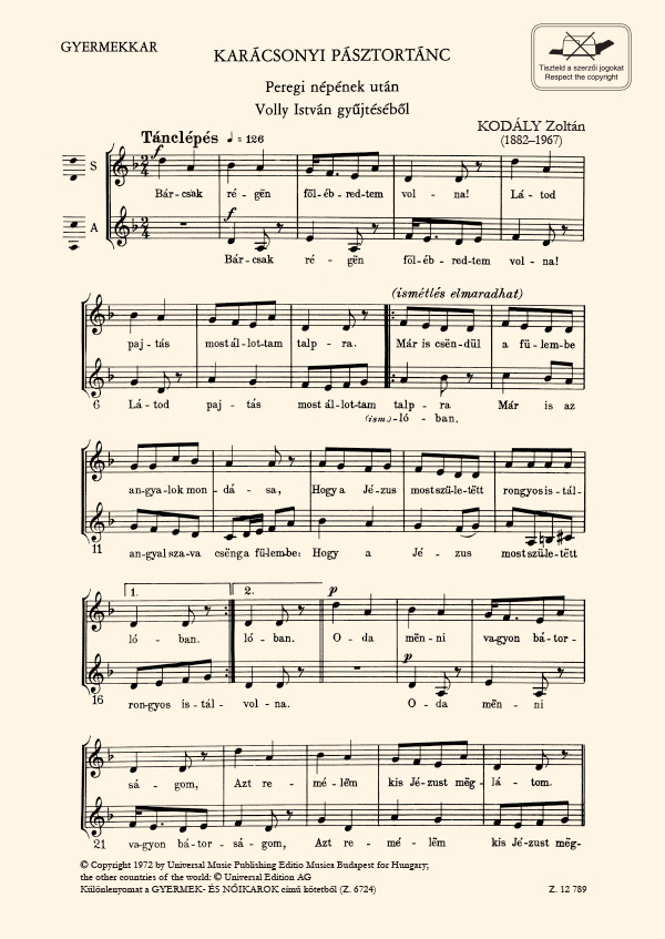 Kodály Zoltán Sheperds' Christmas dance&nbsp;&nbsp;after a folk-song from Pereg&nbsp;&nbsp;Children's Choir and Accompaniment