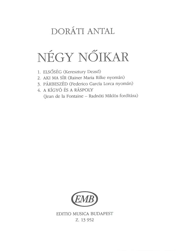 Doráti Antal Four Female Choruses&nbsp;&nbsp;&nbsp;&nbsp;Upper Voices