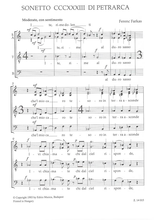 Ferenc Farkas&nbsp;&nbsp;Sonetto 333 Di Petrarca&nbsp;&nbsp;Mixed Voices