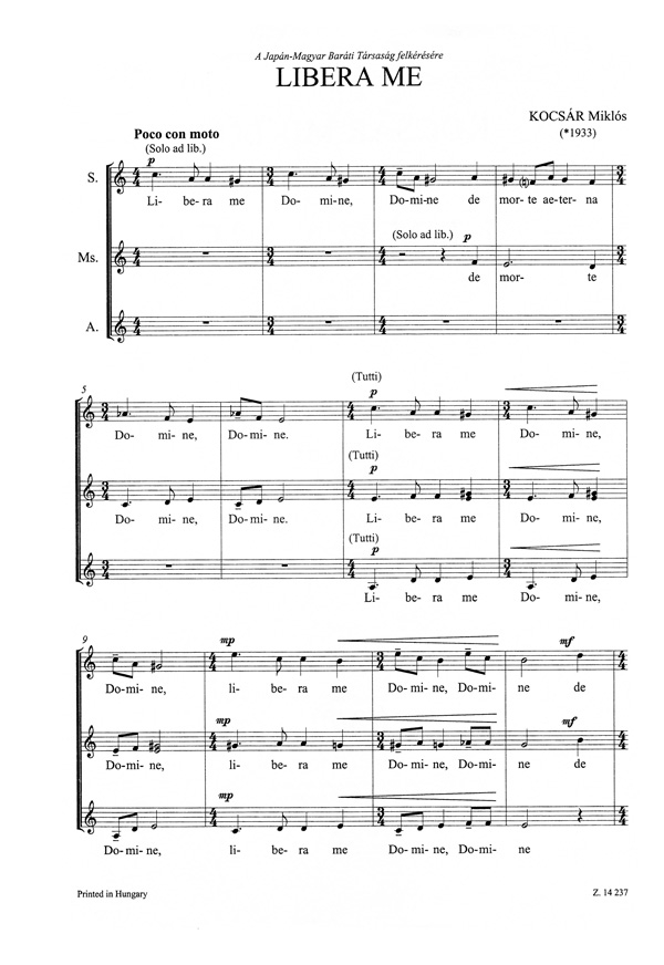 Kocsár Miklós Libera me per coro femminile&nbsp;&nbsp;&nbsp;&nbsp;Upper Voices