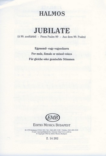 Jubilate  for male, female or mixed voices (chorus) a cappella  chos score