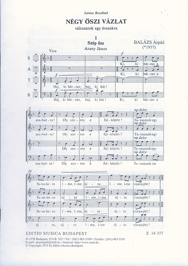 Balázs Árpád Négy öszi vázlat vegyeskarra&nbsp;&nbsp;(változatok egy évszakra)&nbsp;&nbsp;Mixed Voices