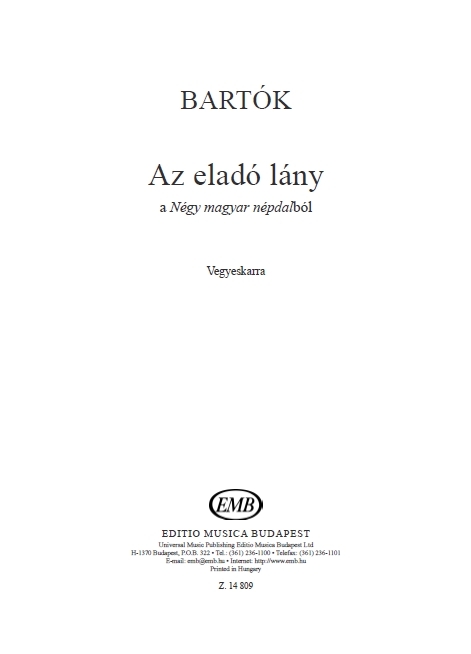 Bartók Béla Finding a Husband&nbsp;&nbsp;from Four Hungarian Folksongs&nbsp;&nbsp;Mixed Voices
