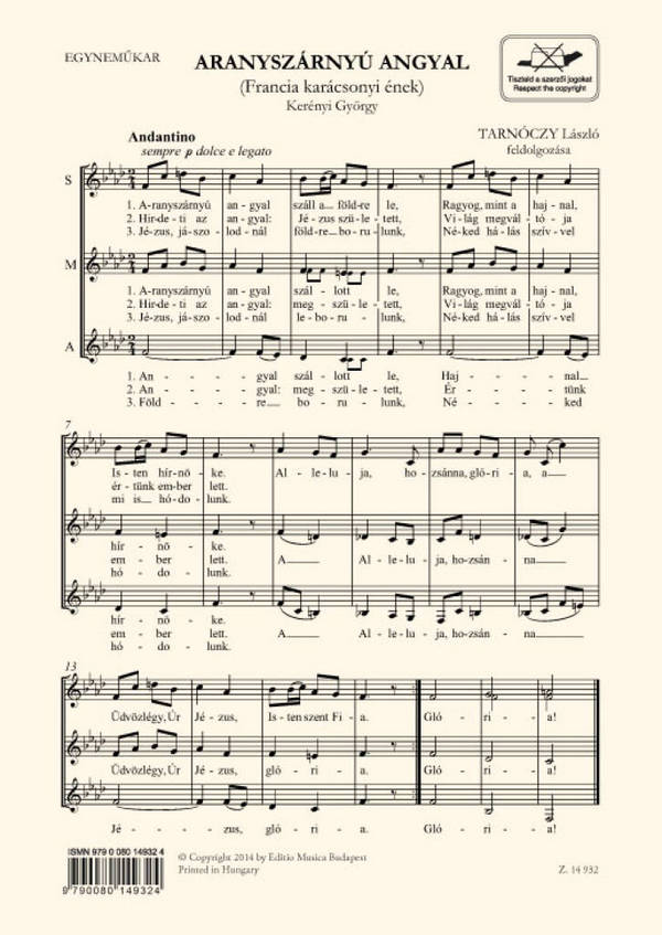 László Tarnóczy&nbsp;&nbsp;Aranyszárnyú angyal&nbsp;&nbsp;Female choir, Children's choir, Male choir (Klavierauszug)