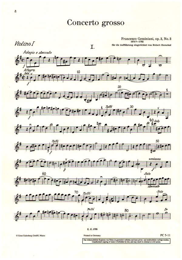 Concerto grosso e-Moll op.3,3  für Streichquartett und Streichorchester  Violine 1 solo/rip.