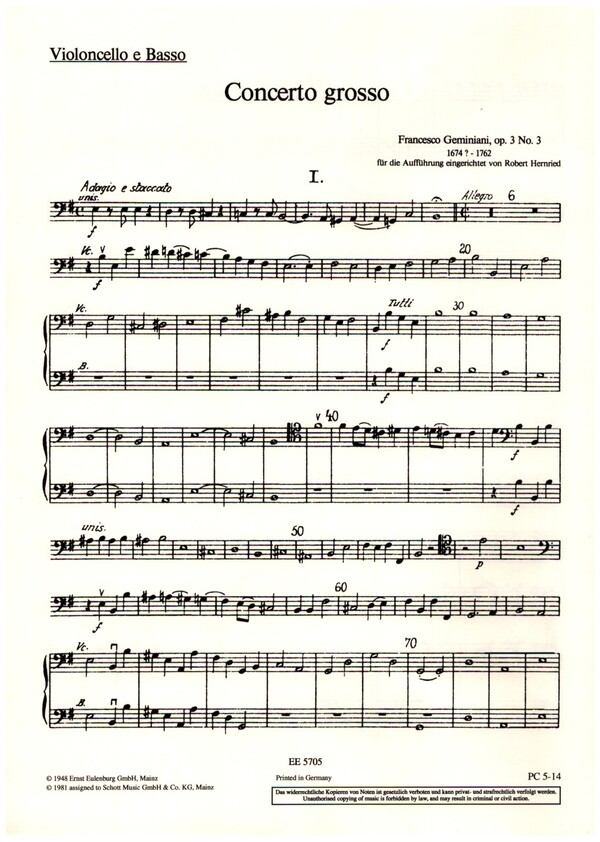Concerto grosso e-Moll op.3,3  für Streichquartett und Streichorchester  Violoncello/Kontrabass solo/rip.