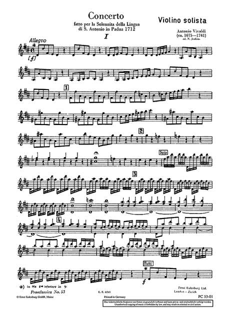 Concerto D-Dur op.35/19 RV 212a / PV 165  für Violine, Streicher und Basso continuo  Solostimme Violine