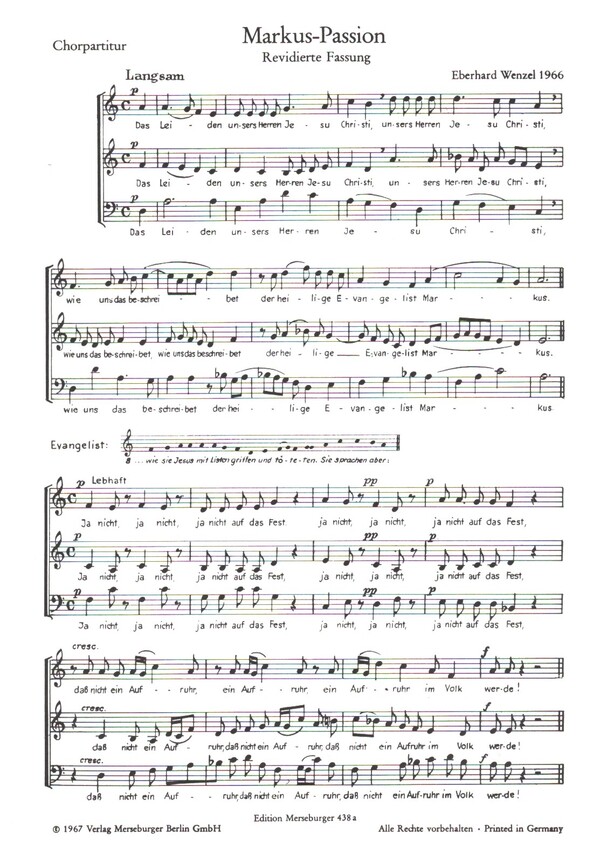Markus-Passion  für Vorsänger und 3stg gem Chor (SAB)  a cappella  Chorpartitur