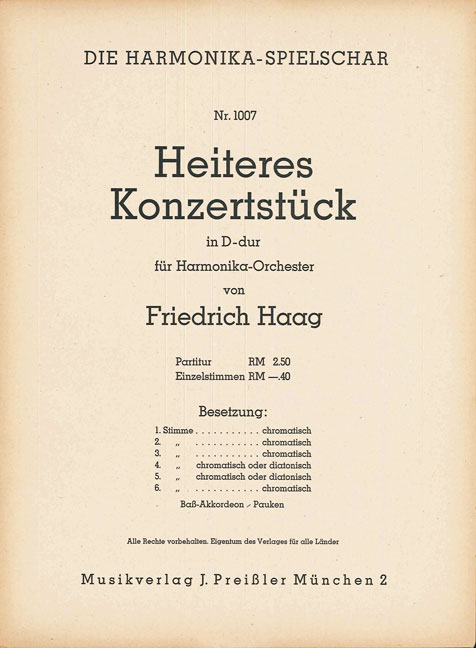 Friedrich Haag Heiteres Konzertstück in D&nbsp;&nbsp;Akkordeon-Orchester&nbsp;&nbsp;Partitur