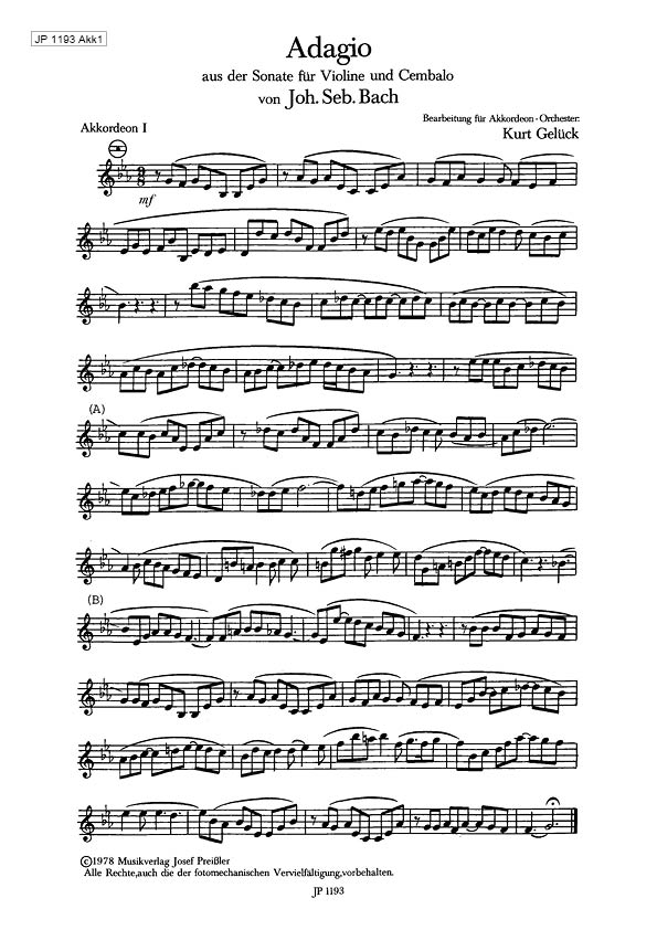 Bach, Johann Sebastian  Adagio  Akkordeonorchester Stimmenset
