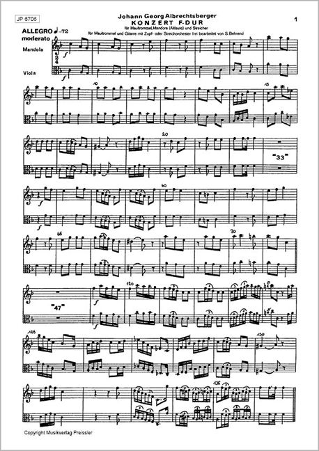J. G. Albrechtsberger / Siegfried Behrend Doppelkonzert F-Dur&nbsp;&nbsp;Mandola und Viola&nbsp;&nbsp;Stimme(n)