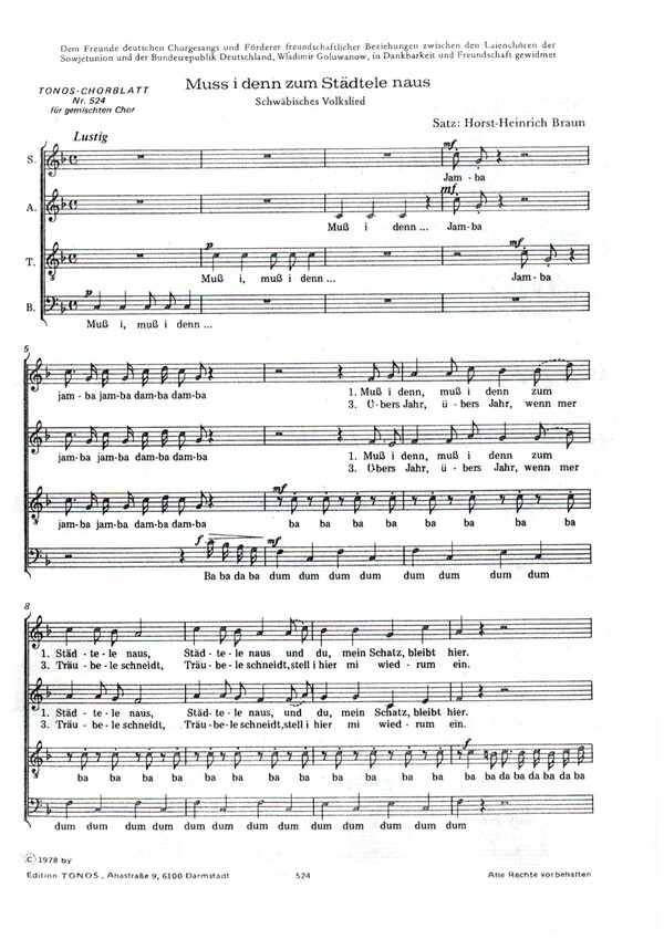 Muss i denn zum Städtele naus&nbsp;&nbsp;für gem Chor a cappella&nbsp;&nbsp;Chorpartitur
