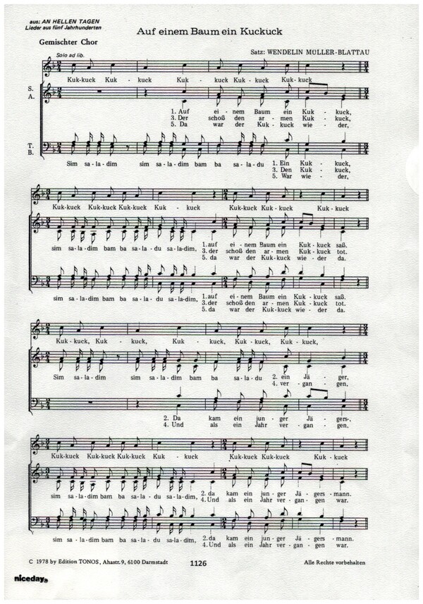 Auf einem Baum ein Kuckuck  für Solo und gem Chor a cappella  Chorpartitur