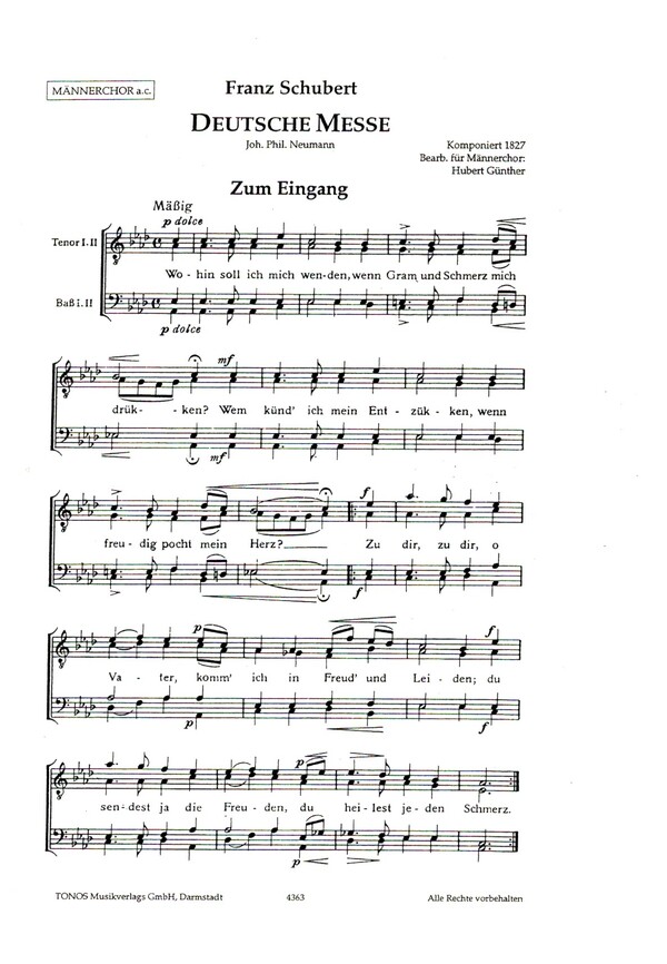 Deutsche Messe&nbsp;&nbsp;für Männerchor (TTBB) a cappella&nbsp;&nbsp;Chorpartitur