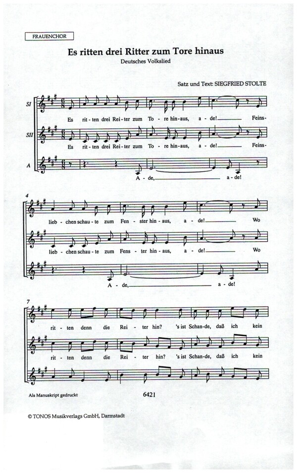 Es ritten drei Ritter zum Tore hinaus  für Frauenchor (SSA) a cappella  Chorpartitur