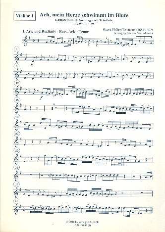 Ach mein Herze schwimmt im Blute TWV1:29&nbsp;&nbsp;für Soli, gem Chor, 2 Violinen, Viola und Bc&nbsp;&nbsp;Stimmenset (3-3-2-3)