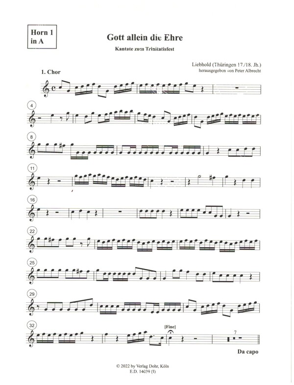 Gott allein die Ehre&nbsp;&nbsp;für Soli, gem Chor, 2 Hörner, 2 Violinen, Viola und Generalbass&nbsp;&nbsp;Stimmenset