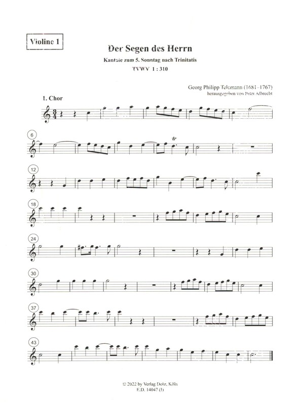 Der Segen des Herrn machet reich ohne Mühe TWV1:310&nbsp;&nbsp;für Soli, gem Chor, 2 Violinen (Flöten) und Bc&nbsp;&nbsp;Stimmenset