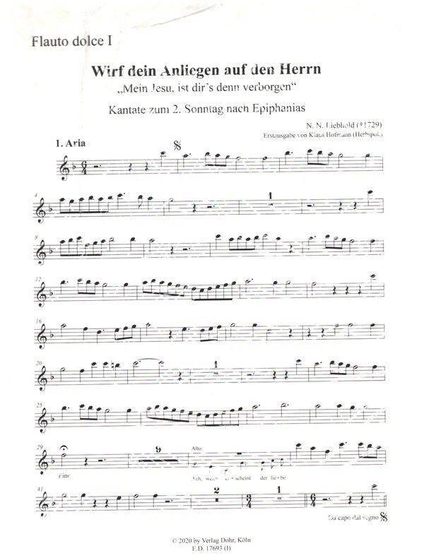 Wirf dein Anliegen auf den Herrn&nbsp;&nbsp;für Soli, gem Chor, 2 Altblockflöten, 3 Viole a gamba und Bc&nbsp;&nbsp;Stimmenset