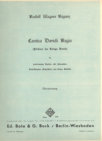 Cantica Davidi Regis  für Knaben- oder Frauenchor, Bass und kleines Orchester  Klavierauszug