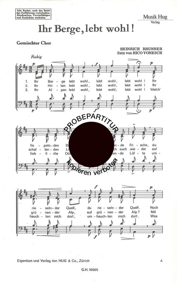 Brunner, Heinrich&nbsp;&nbsp;Ihr Berge lebt wohl&nbsp;&nbsp;gemischter Chor