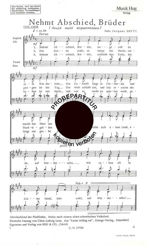Hefti, Jacques&nbsp;&nbsp;Nehmt Abschied Brüder&nbsp;&nbsp;gemischter Chor