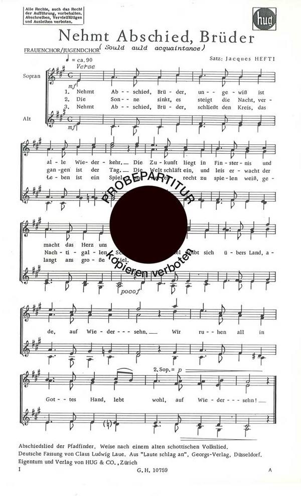 Hefti, Jacques [Satz]&nbsp;&nbsp;Nehmt Abschied Brüder&nbsp;&nbsp;Frauenchor/Jugendchor Chorpartitur