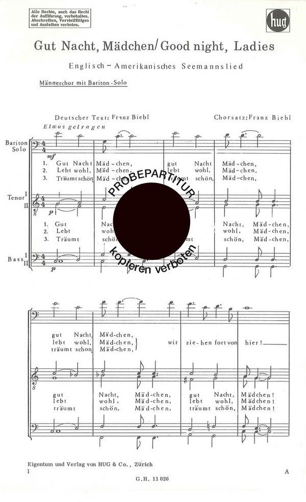 Biebl, Franz&nbsp;&nbsp;Gut Nacht Mädchen&nbsp;&nbsp;Männerchor