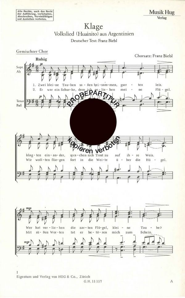 Biebl, Franz&nbsp;&nbsp;Klage&nbsp;&nbsp;gemischter Chor